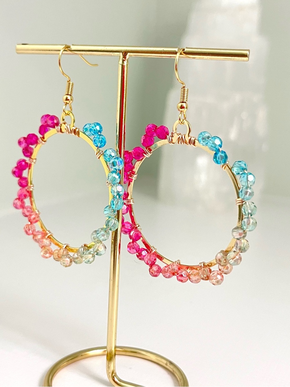 Handcrafted Gold Hoop Earrings with Multicolored Glass Beads